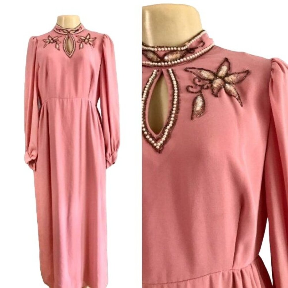 Vintage 60s Handmade Formal Dress Pink Dress Long Sleeves Size S gown party.